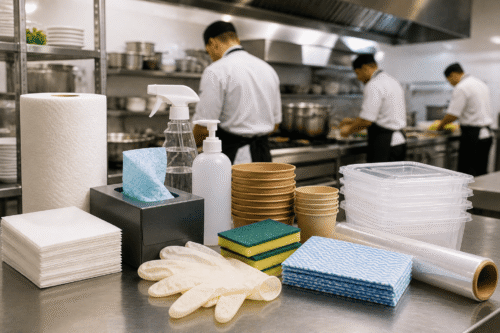 Commercial kitchen countertop with cleaning supplies including spray bottles, paper towels, gloves, sponges, wipes, takeaway containers, and paper cups, while chefs work in the background.
