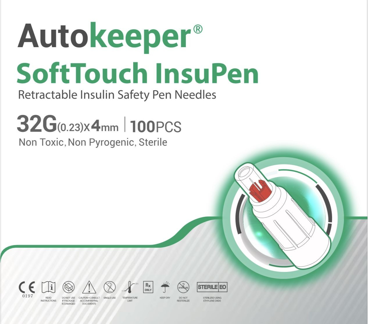 Autokeeper SoftTouch InsuPen Retractable Insulin Safety Pen Needles 4mm 32G - 100PCS