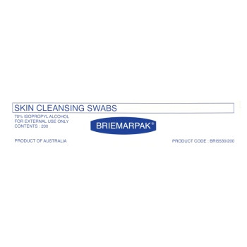 Briemar Skin Cleansing Swab - 70% Isopropyl Alcohol - Box of 200