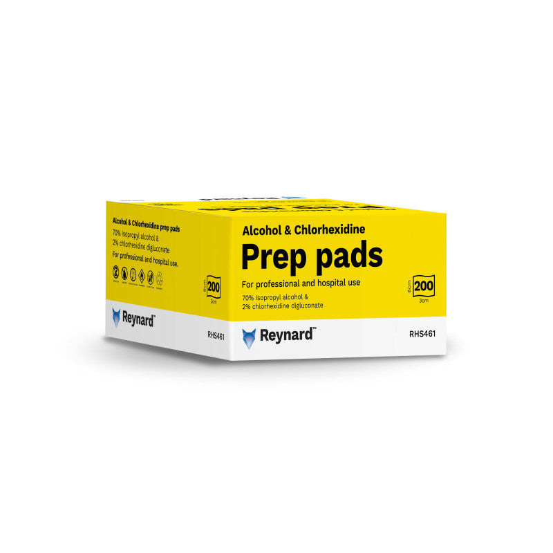 Reynard 2% Chlorhexidine & 70% Alcohol Prep Pads with Easy Peel - 20 x 16cm - Box of 50 Swabs
