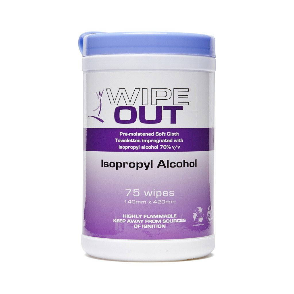 Wipe Out Isopropyl Alcohol 140x420mm - Tub of 75 Wipes - Carton of 12 Tubs, CTN12